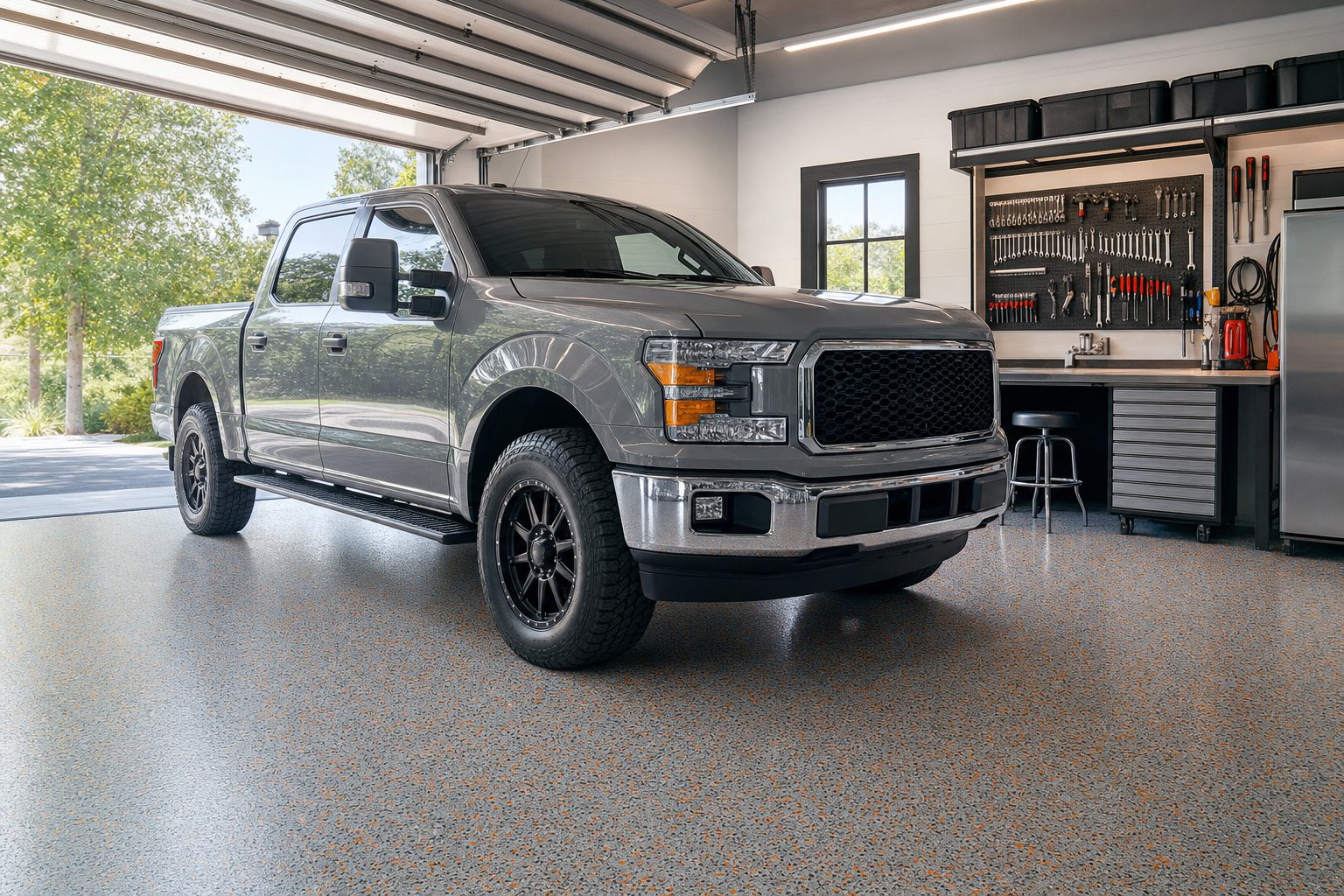 Truck parked on flake epoxy garage floor