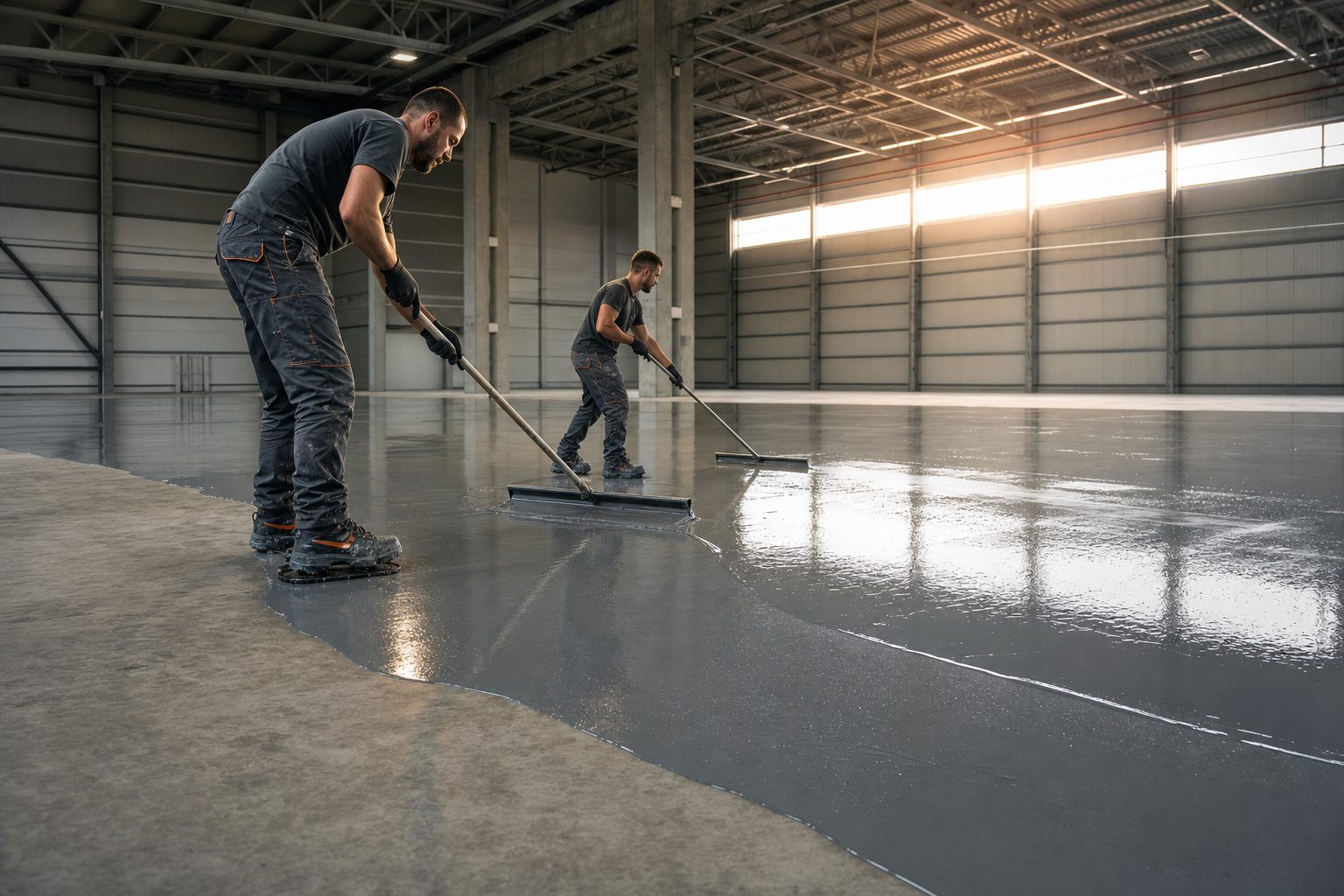 Crew coating a commercial floor with epoxy