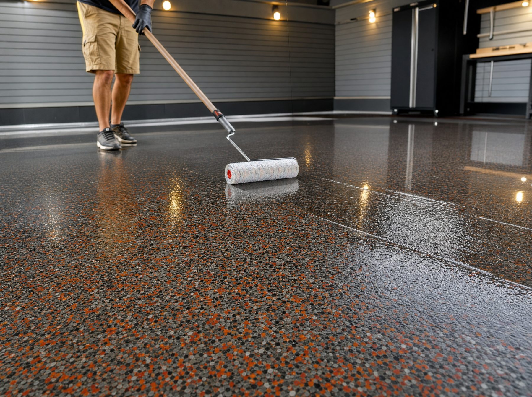 Rolling a clear topcoat over a flake floor
