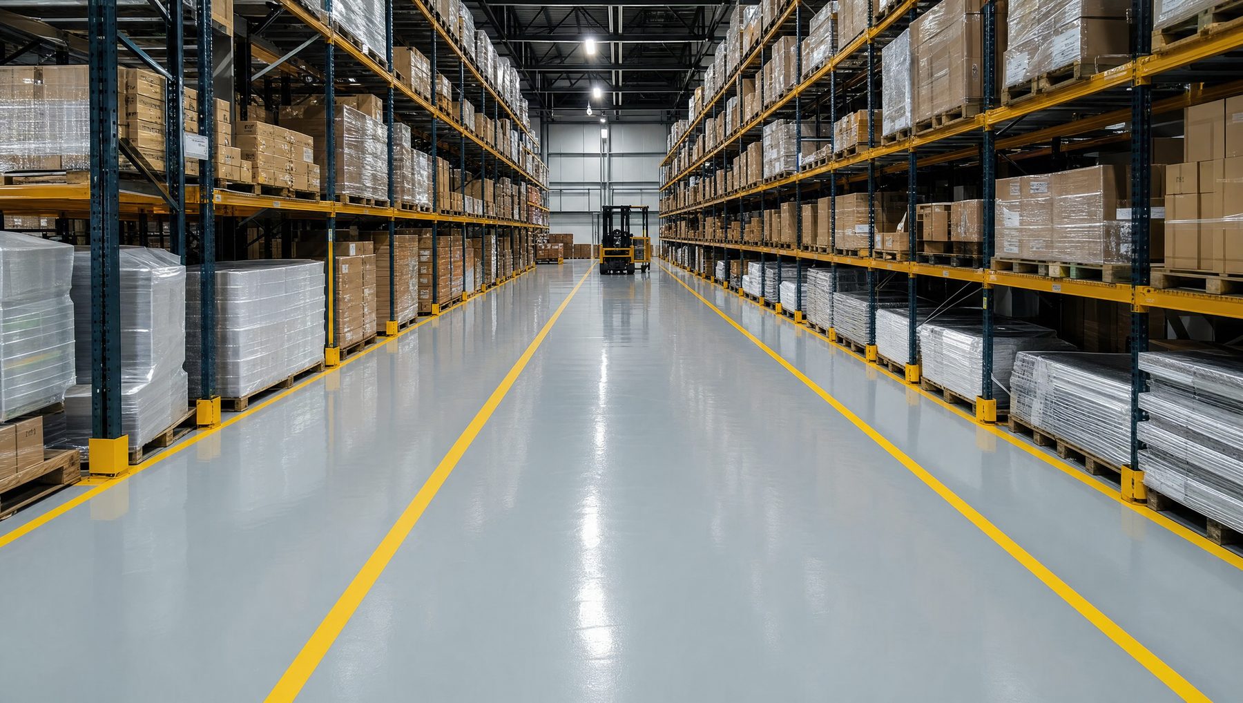 Warehouse floor coated in seamless gray epoxy with safety striping